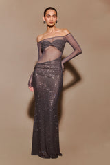 Nash Diamante Omuz Açık Uzun Elbise - Metalik Gri