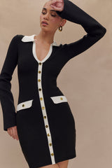 Wrenley Uzun Kollu Örme Mini Elbise - Siyah/Beyaz