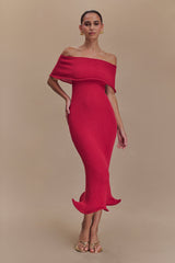 Molly Omuz Açık Örgü Midi Elbise - Ahududu