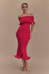 Molly Omuz Açık Örgü Midi Elbise - Ahududu