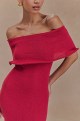Molly Omuz Açık Örgü Midi Elbise - Ahududu