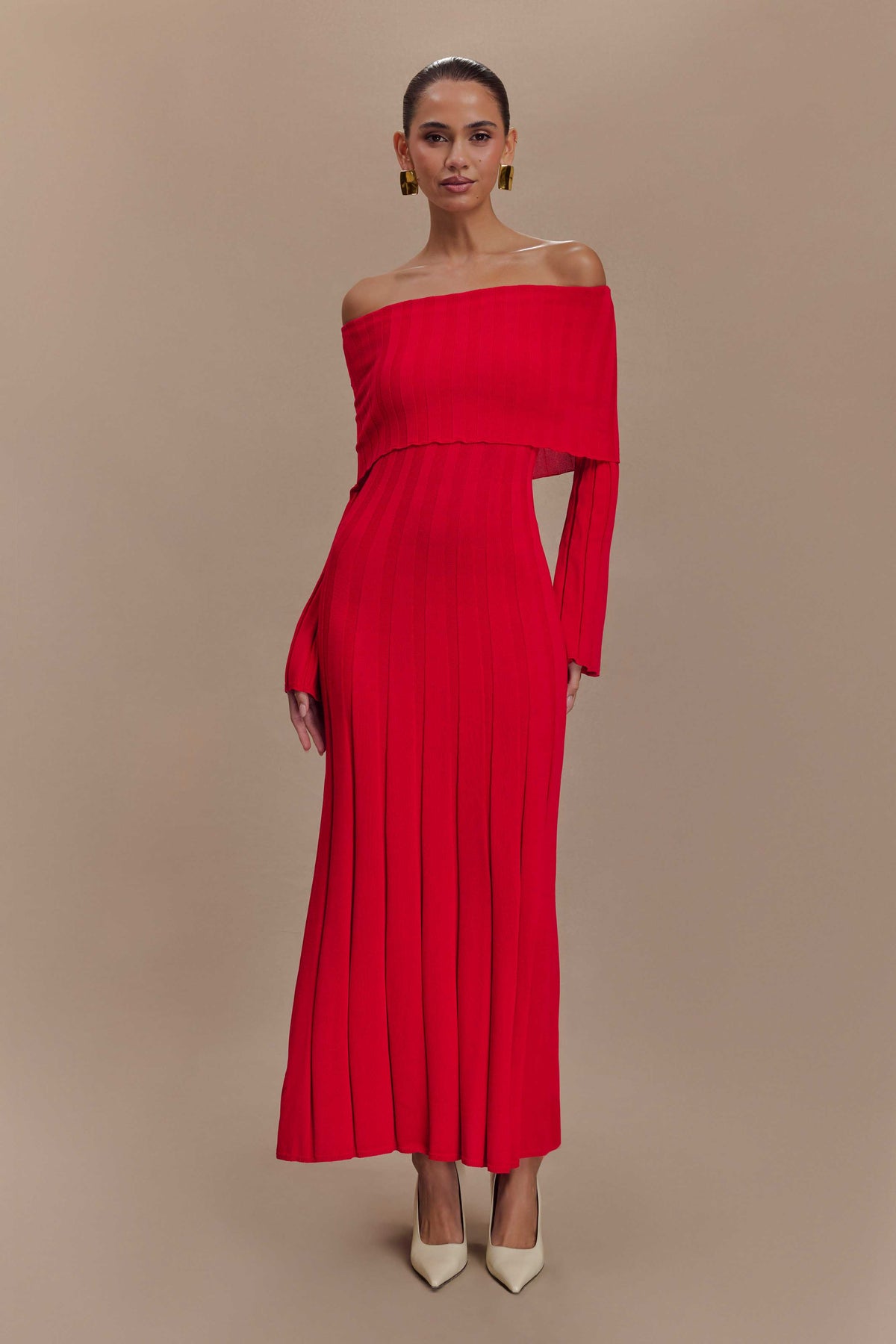 Alonza Uzun Kollu Örme Midi Elbise - Kırmızı