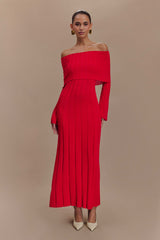 Alonza Uzun Kollu Örme Midi Elbise - Kırmızı