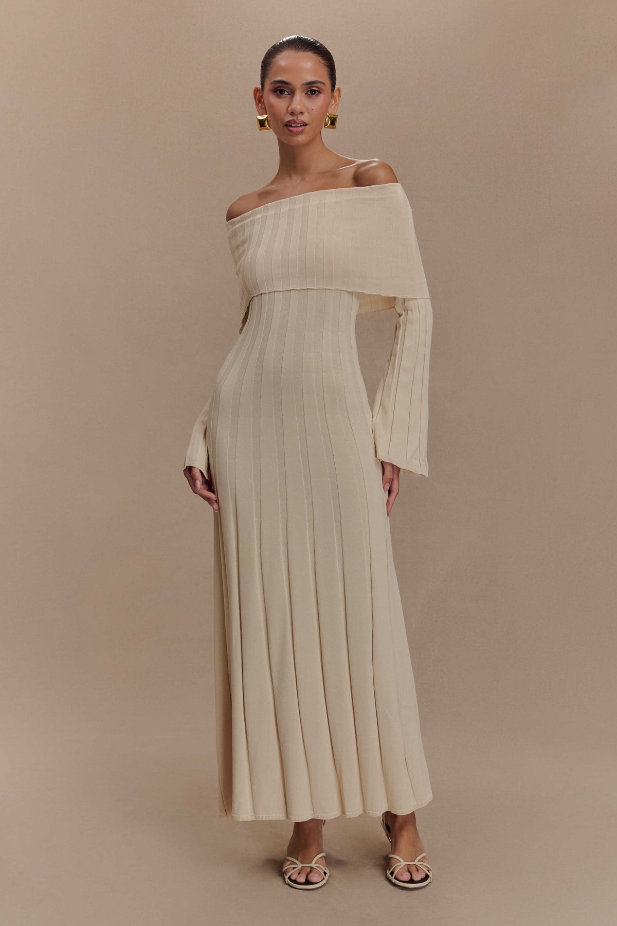 Alonza Uzun Kollu Örme Midi Elbise - Krem