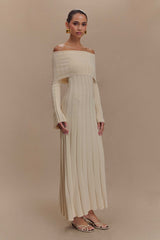 Alonza Uzun Kollu Örme Midi Elbise - Krem