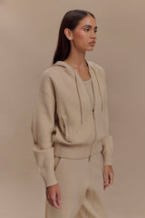 Sami Fermuarlı Ön Örgü Kapüşonlu Üst - Deve Tüyü