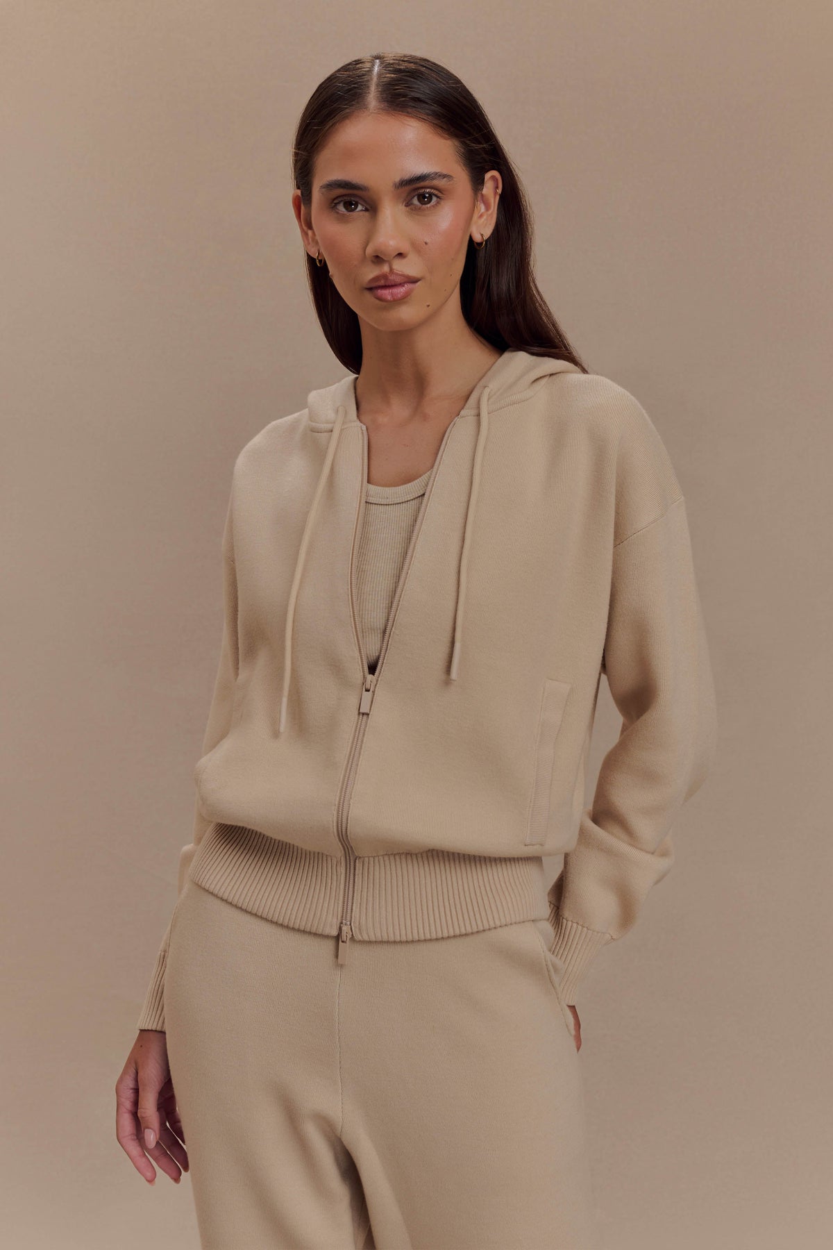 Sami Fermuarlı Ön Örgü Kapüşonlu Üst - Deve Tüyü