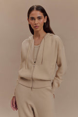 Sami Fermuarlı Ön Örgü Kapüşonlu Üst - Deve Tüyü