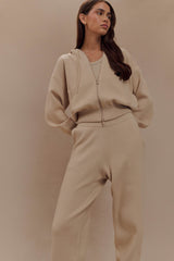 Sami Fermuarlı Ön Örgü Kapüşonlu Üst - Deve Tüyü