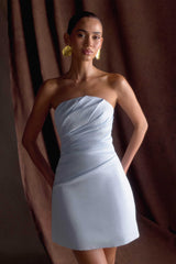 Leslie Gathered Tafta Mini Elbise - Buzlu Mavi