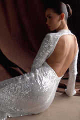 Sofia Uzun Kollu Payetli Maksi Elbise - Beyaz