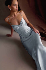 Lilly Sweetheart Saten Uzun Elbise - Buzlu Mavi