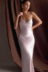 Lilly Sweetheart Saten Uzun Elbise - Açık Pembe