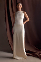 Mor Kolsuz Saten Uzun Elbise - Allık Altın