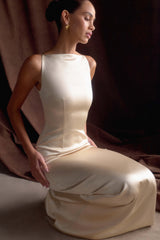 Mor Kolsuz Saten Uzun Elbise - Allık Altın