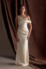 Dalia Omuz Açık Saten Uzun Elbise - Pembe Altın