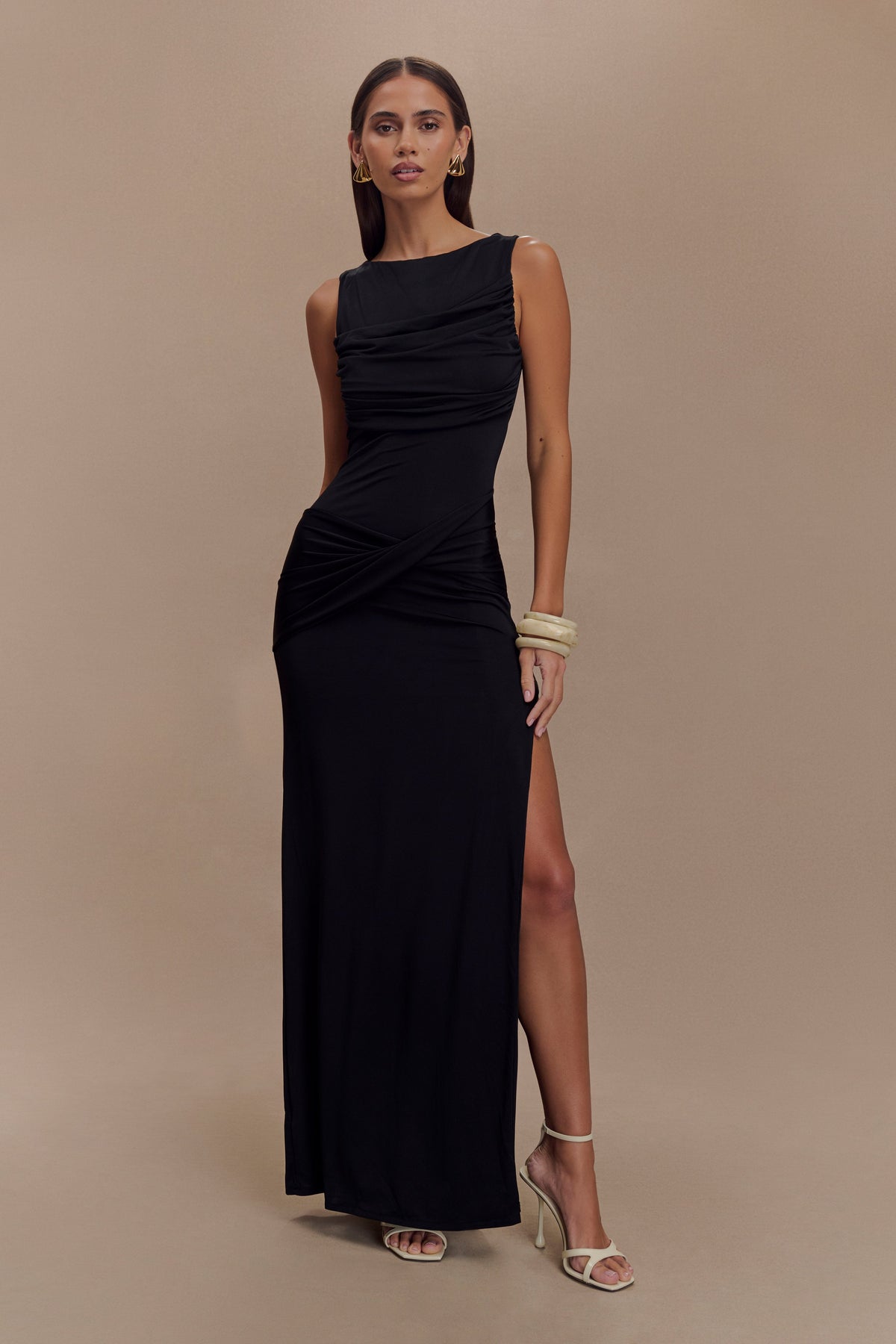 Henley Slinky Drape Maxi Elbise - Siyah