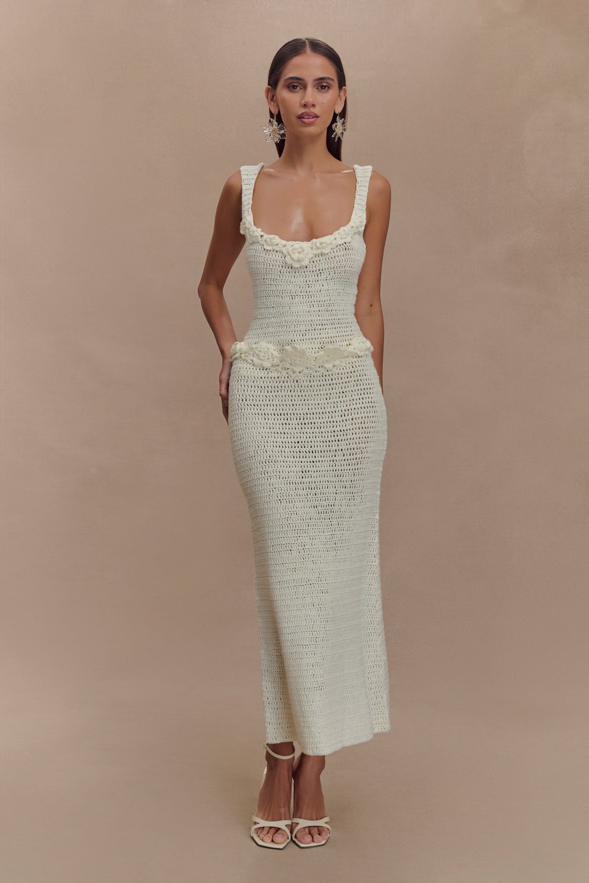 Teagan Çiçekli El Örgüsü Midi Elbise - Fildişi