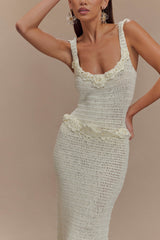 Teagan Çiçekli El Örgüsü Midi Elbise - Fildişi