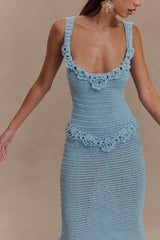 Teagan Çiçekli El Örgüsü Midi Elbise - Mavi