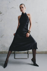 Esther Iridescent Saten Kapüşonlu Uzun Elbise - Siyah