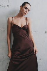 Lilly Sweetheart Saten Uzun Elbise - Koyu Çikolata