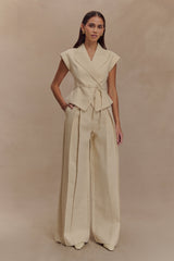 Raya Orta Bel Geniş Paça Keten Pantolon - Doğal Bej