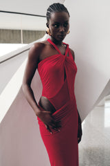 Edwina Düğümlü File Uzun Elbise - Kırmızı