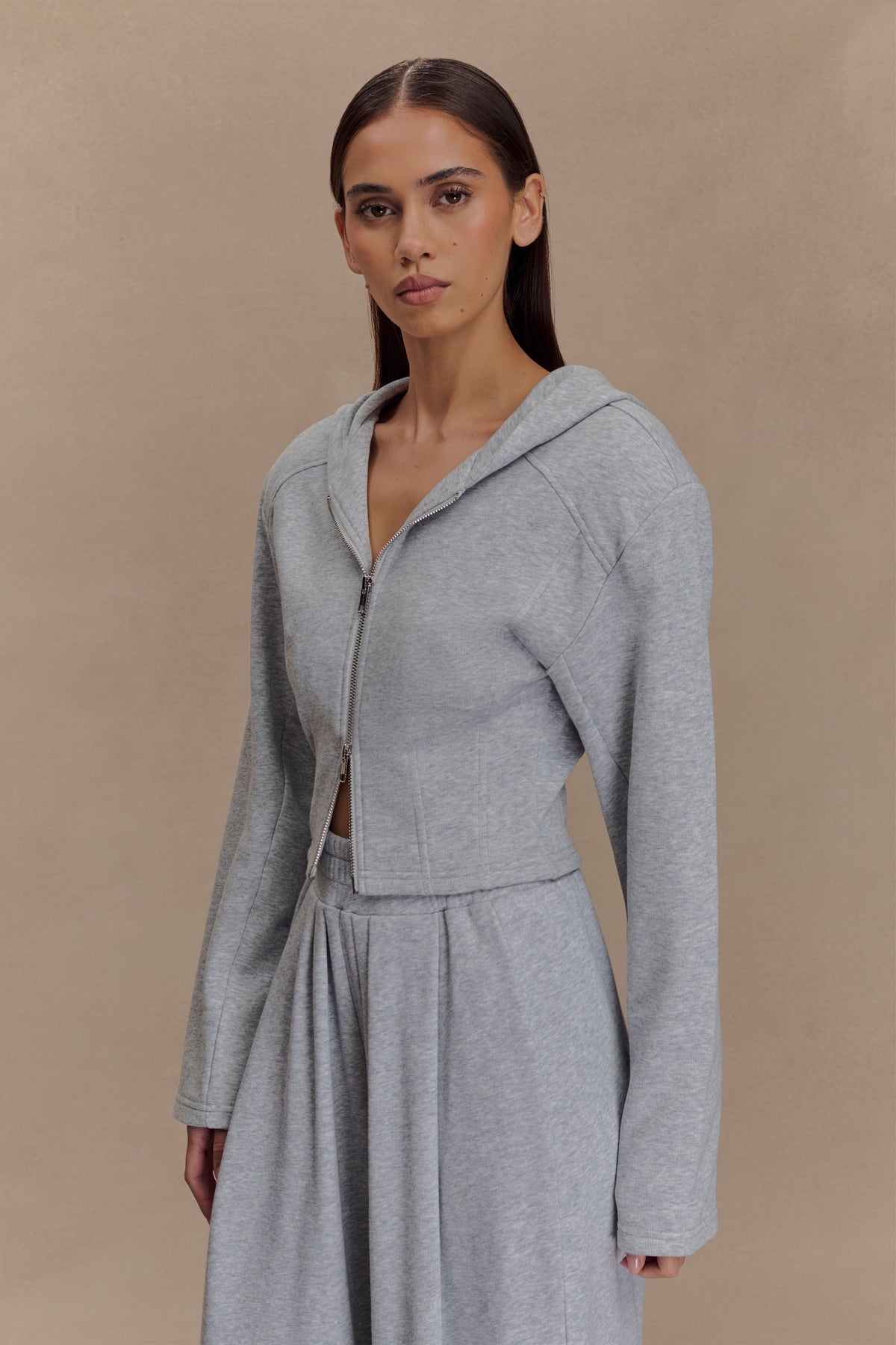 Quinn Fermuarlı Kapüşonlu Sweatshirt - Açık Gri Marle