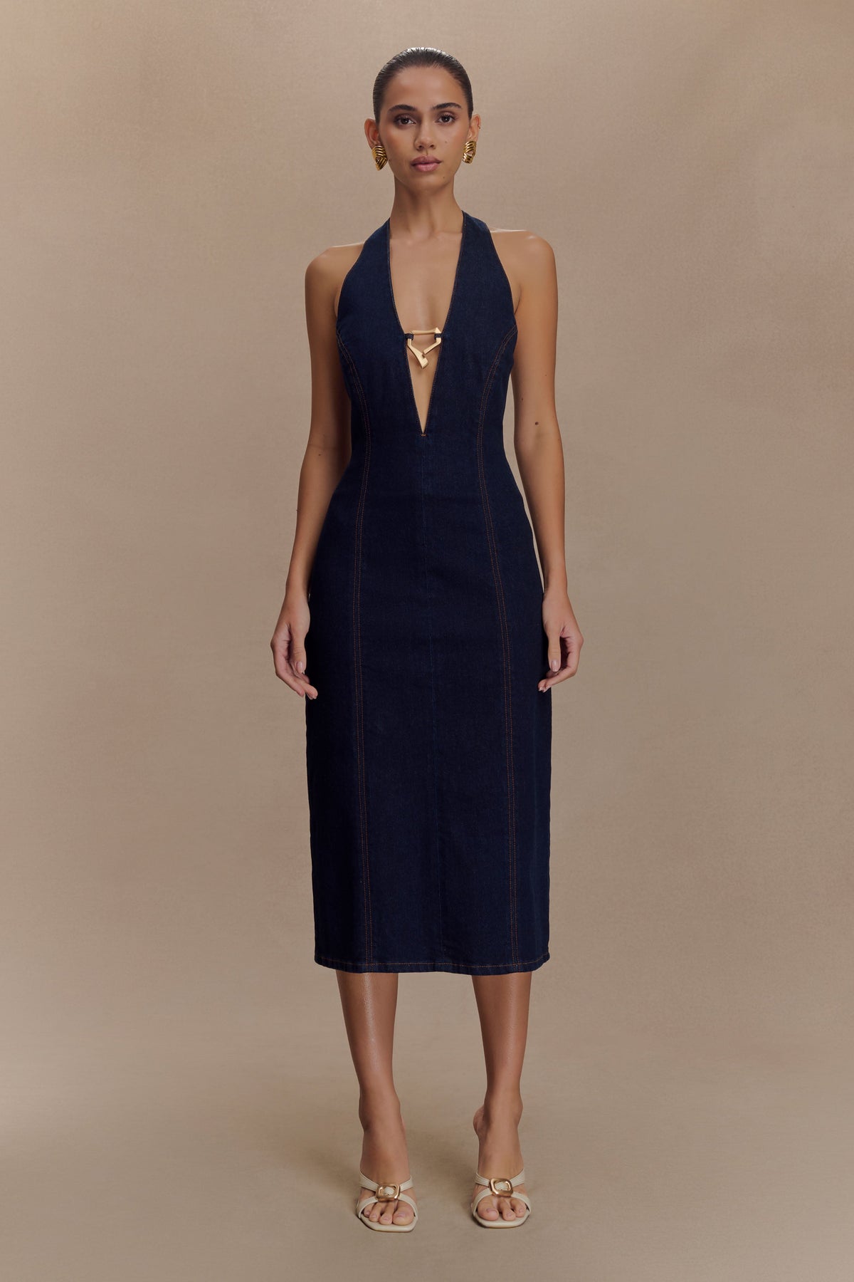 Shauna Denim Halter Midi Elbise - Çivit Mavisi