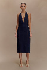 Shauna Denim Halter Midi Elbise - Çivit Mavisi