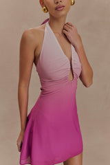 Malakhai Şifon Boyundan Bağlamalı Mini Elbise - Ombre Pembe