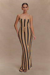 Çoban Tığ İşi Askılı Uzun Elbise - Altın/Siyah