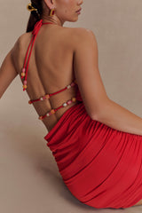 Astraeus Boncuklu Kapüşonlu Mini Elbise - Çöl Kırmızısı