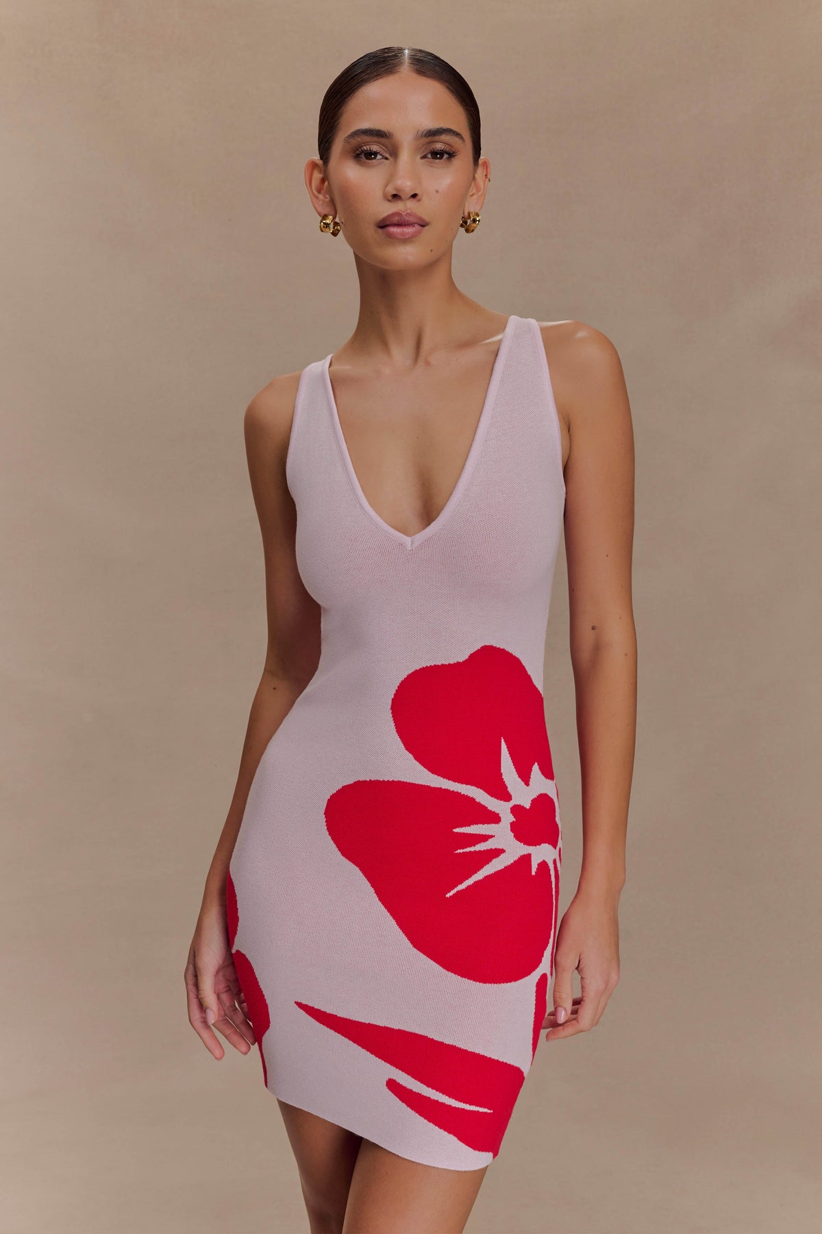 Dorothy Örgü Desenli Mini Elbise - Kırmızı Dekoratif Çiçek Desenli