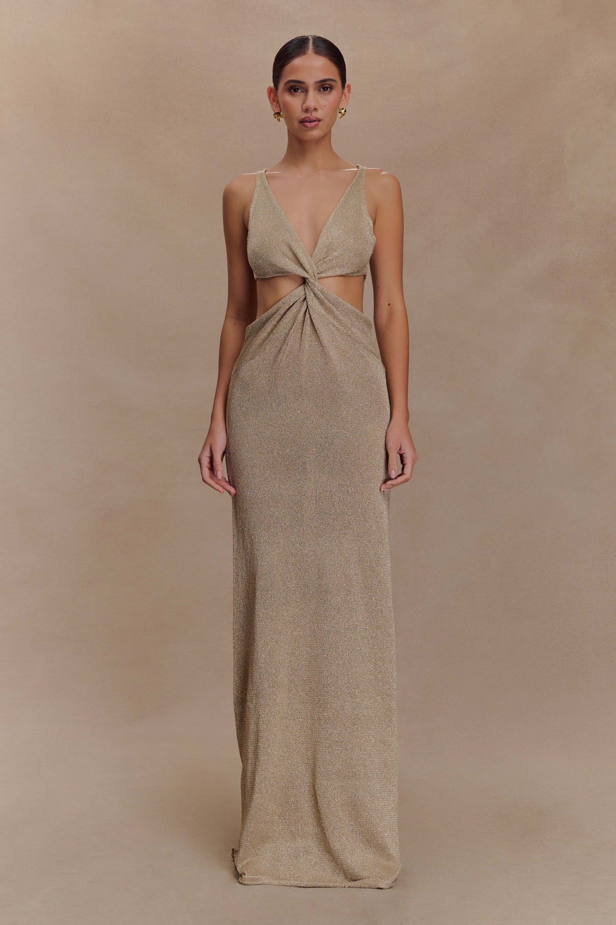 Gracelyn Twisted Metalik Örgü Uzun Elbise - Altın