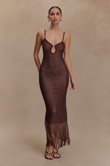 Raelynn Metalik Örgü Saçaklı Midi Elbise - Koyu Çikolata