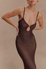 Raelynn Metalik Örgü Saçaklı Midi Elbise - Koyu Çikolata