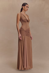 Dania Cowl Neck Slinky Maxi Elbise - Mocha Mousse