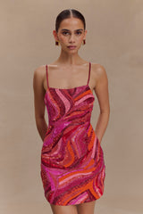 Eloise El Boncuklu Mini Elbise - Pembe Girdap Desenli