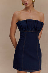 Raesha Fırfırlı Kot Mini Elbise - Çivit Mavisi