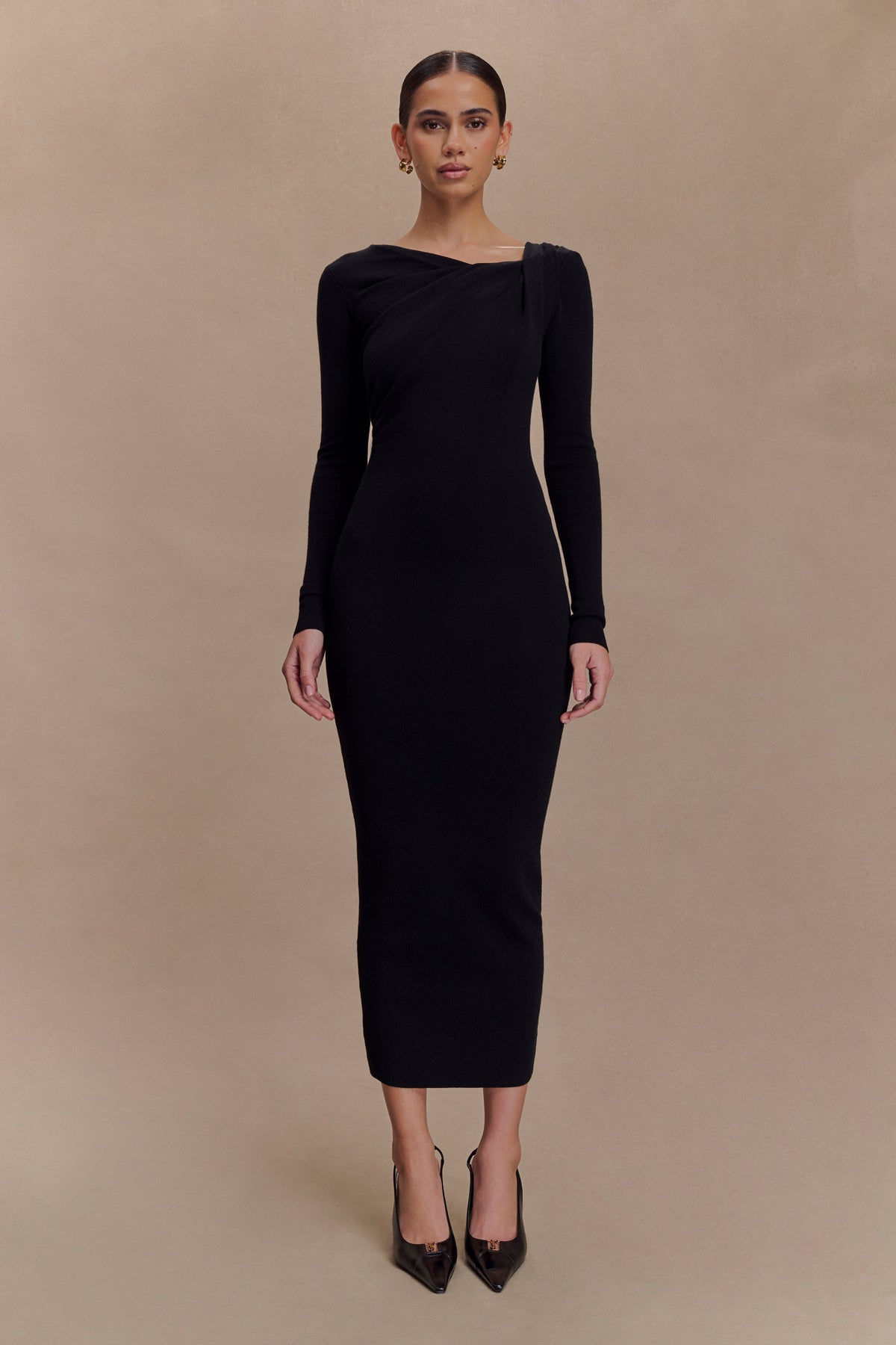 Culver Draped Twist Örgü Midi Elbise - Siyah