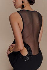 Angelique Boncuklu Krep Uzun Elbise - Siyah