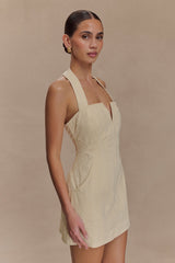 Abanoz İşlemeli Kot Mini Elbise - Krem