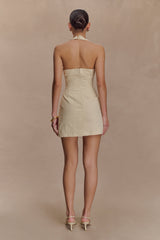 Abanoz İşlemeli Kot Mini Elbise - Krem