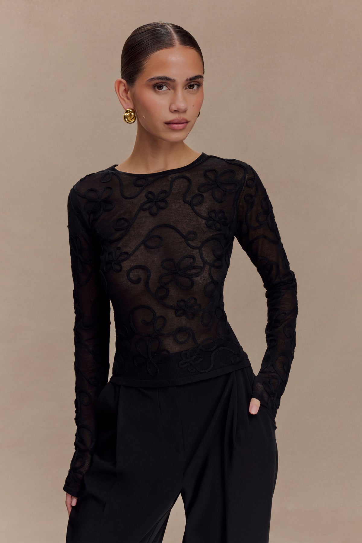 Omari Nakışlı Uzun Kollu Örgü Üst - Siyah