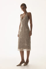 Lenore İpek Dantel Askılı Midi Elbise - Fildişi