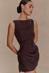 Bexley Drapeli Mini Elbise - Koyu Çikolata
