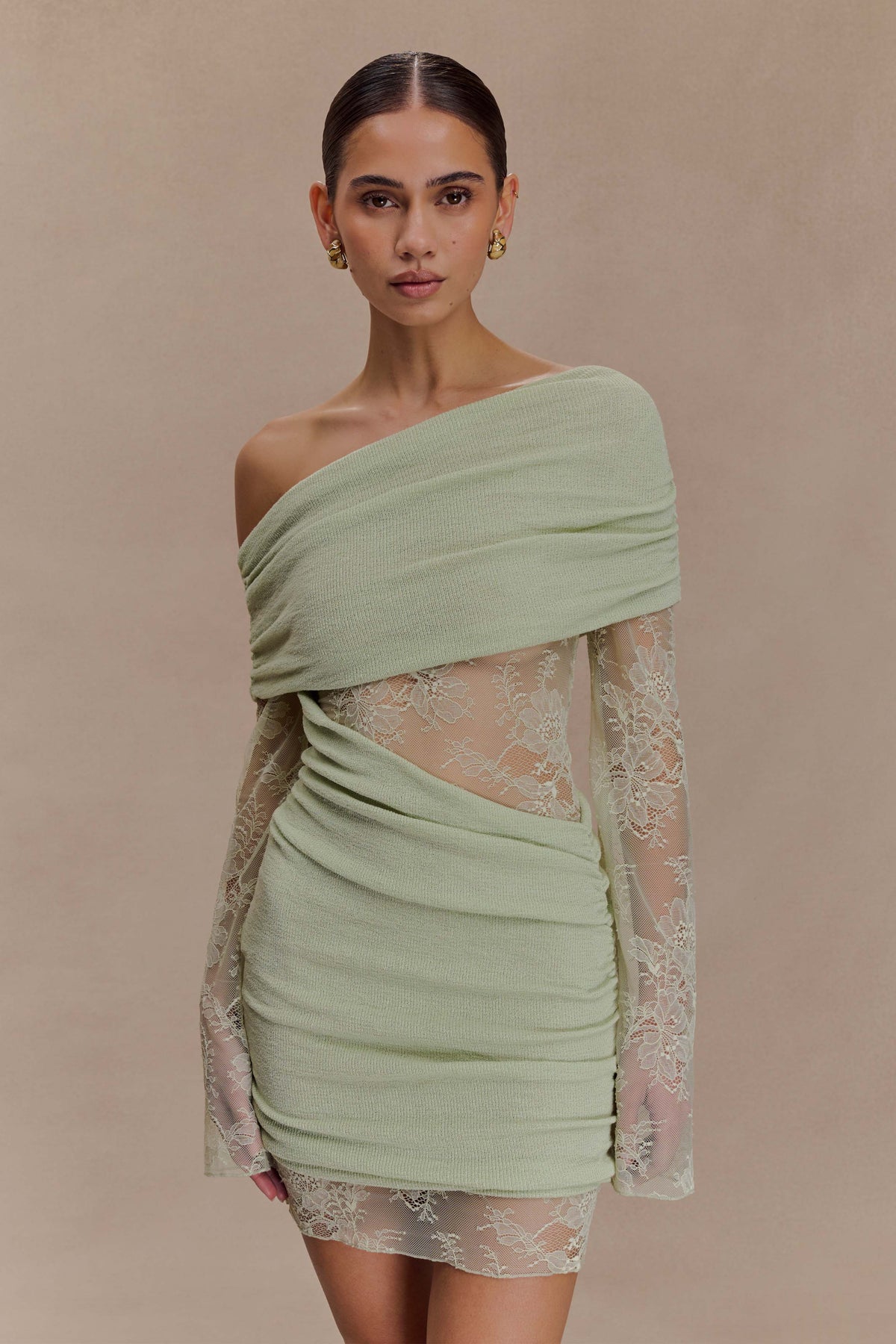 Luxie Dantel Örgü Mini Elbise - Pastel Yeşil