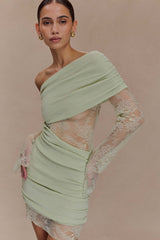 Luxie Dantel Örgü Mini Elbise - Pastel Yeşil